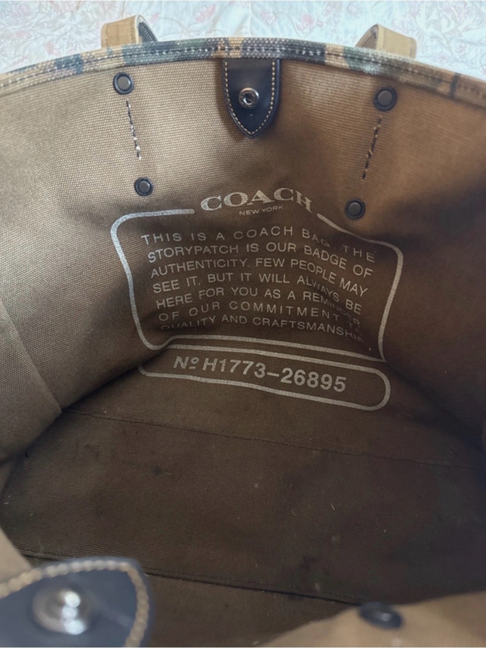 Coach Brown Camo Canvas Tote with Green & Yellow Dinosaur Motif - Picture 7 of 7